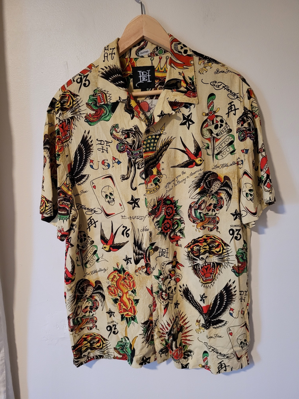Ed Hardy Men's Beige Tattoo-Print Short Sleeve Shirt
